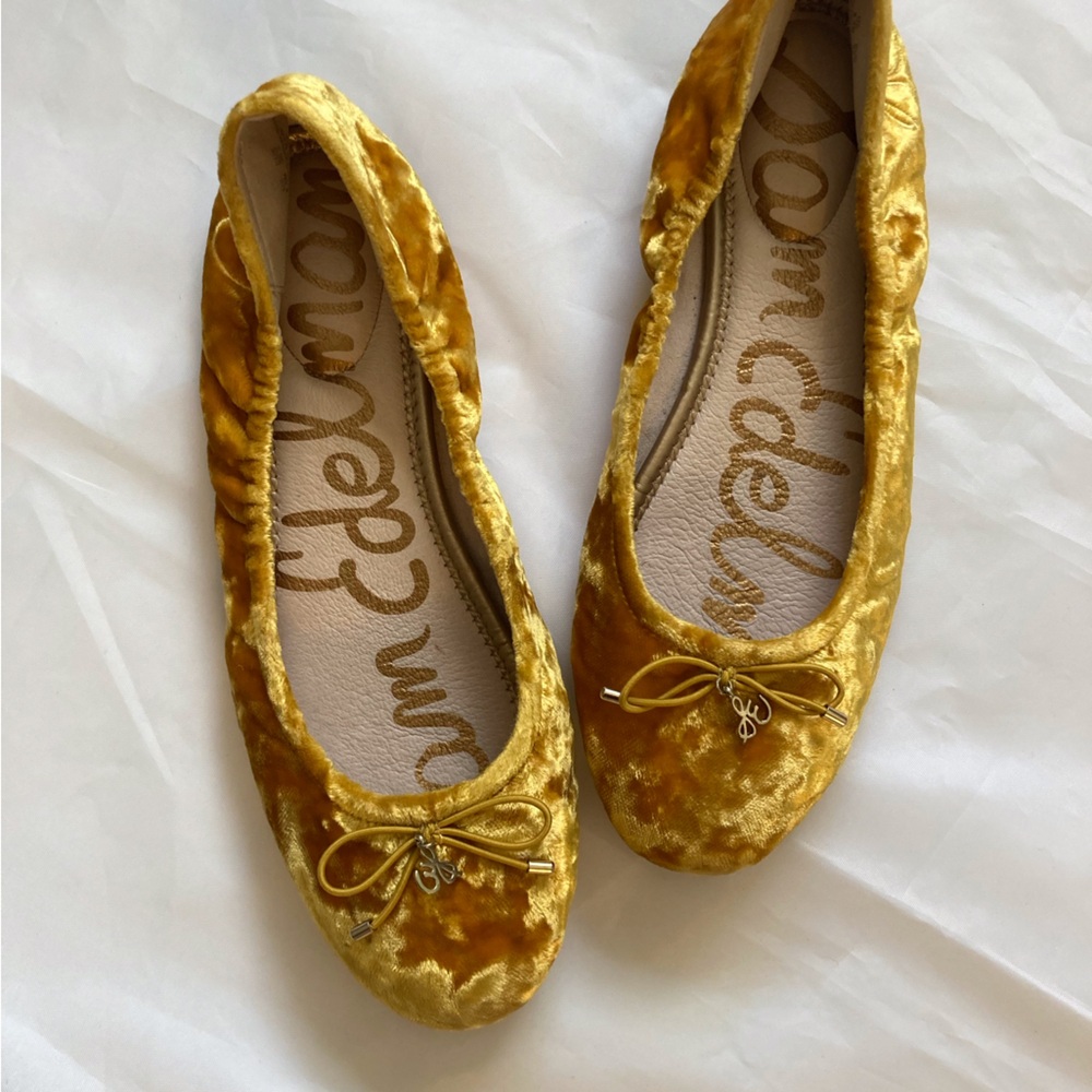 SAM EDELMAN BALLERINA FLATS, GOLD VELOUR FEMININE BOW, 8.5 WOMEN’S PARTY BOHO